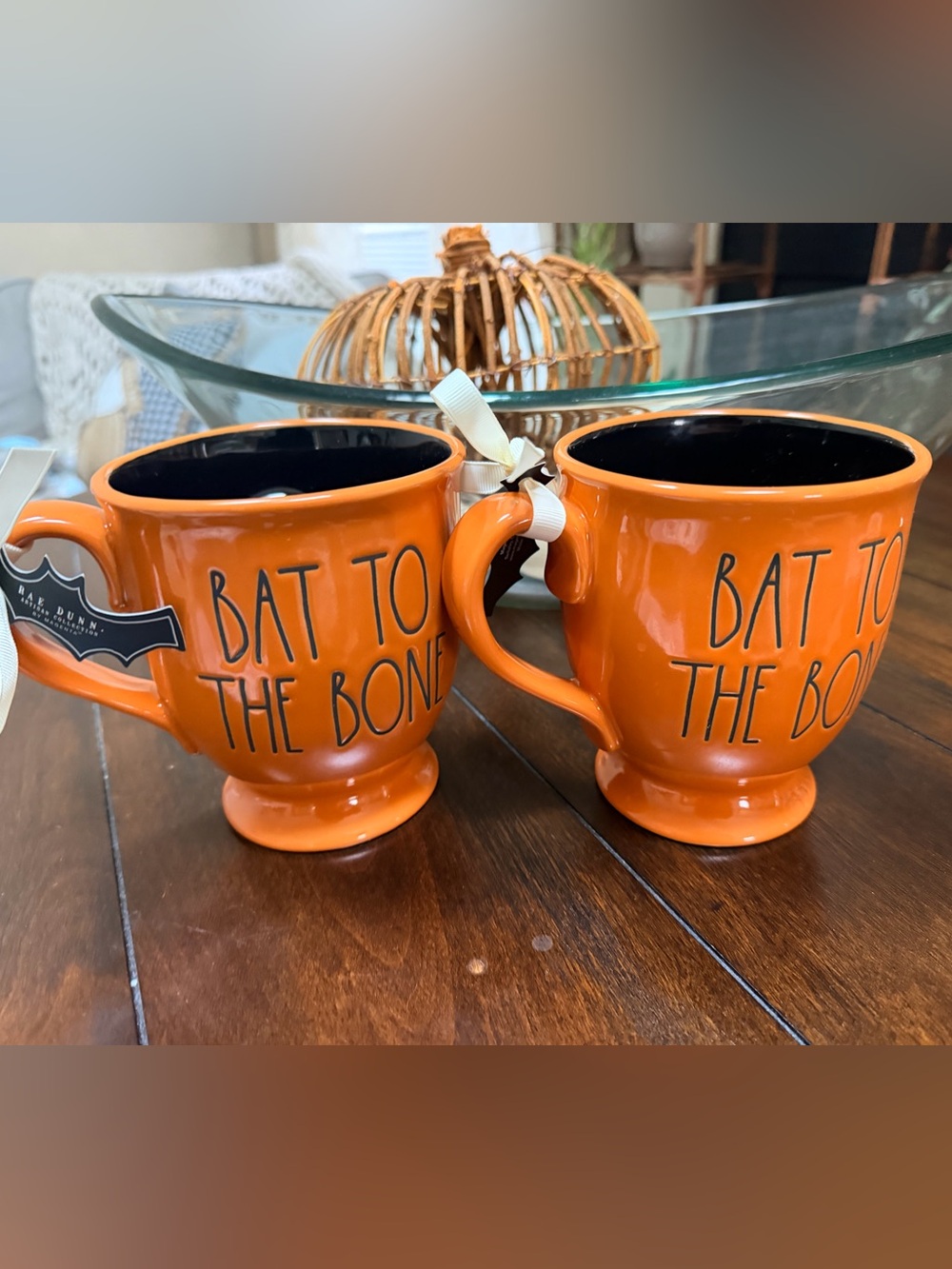Rae Dunn Orange Ceramic 'Bat to the Bone' Mug Pair